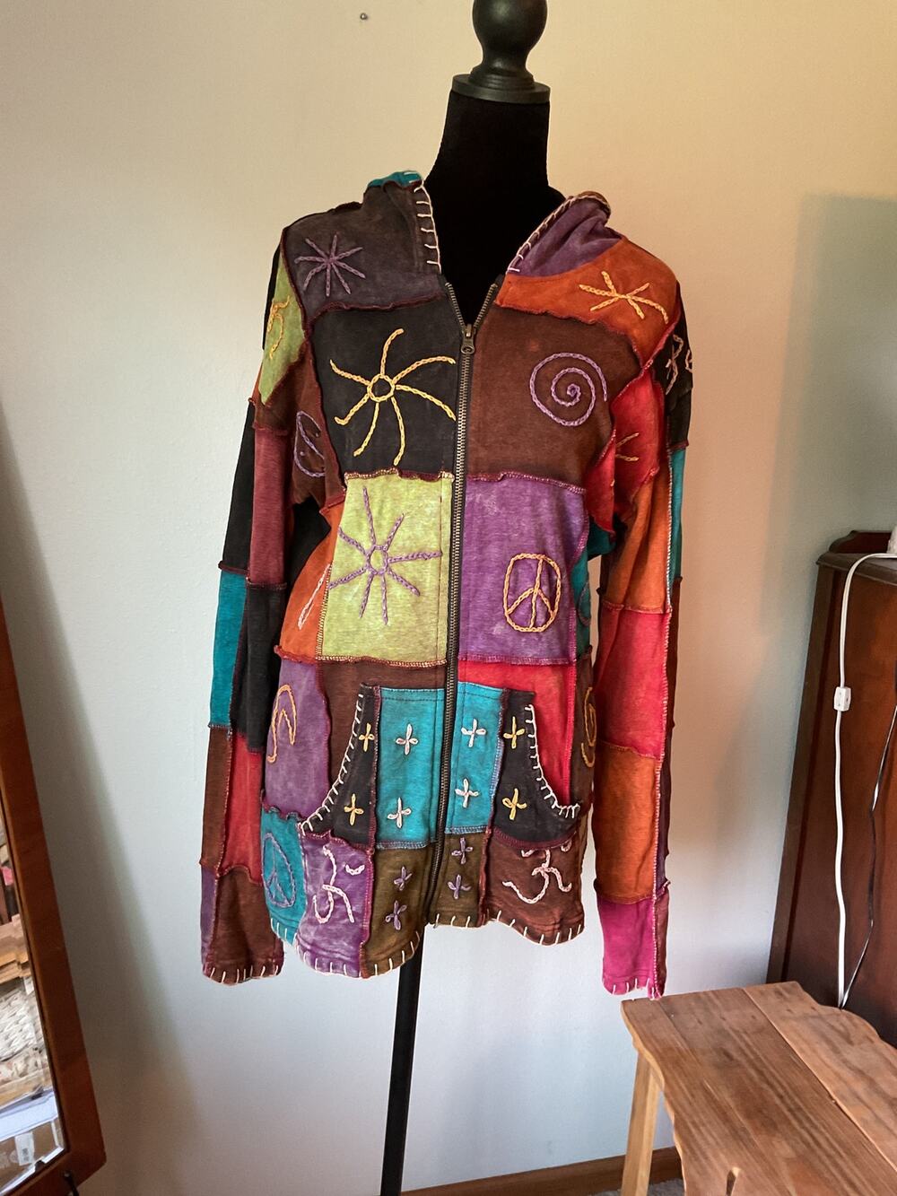 Rising International Patchwork Hoodie Jacket Cotton Boho Hippie Embroidered XXL